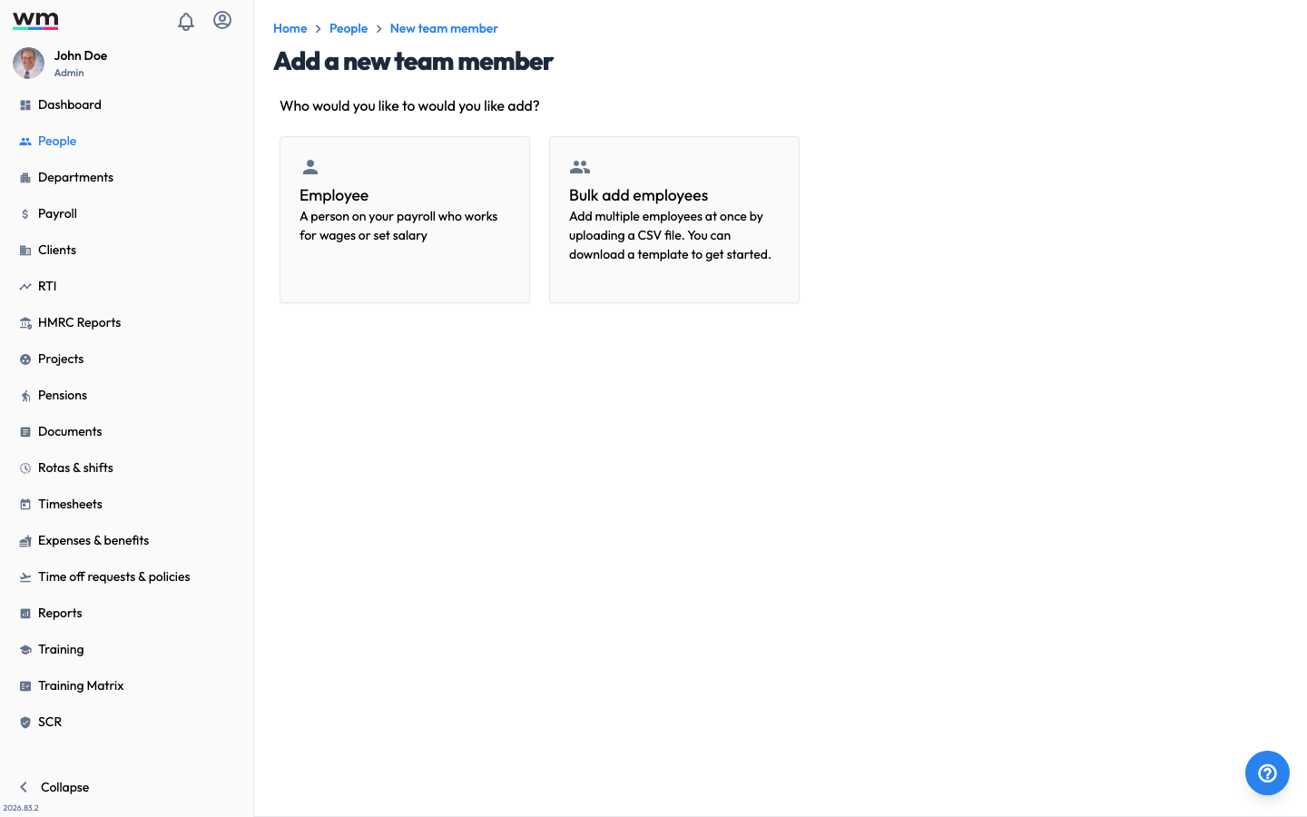Workmax Add a new team member screen offering a choice between adding a single Employee or bulk adding employees from a CSV file.
