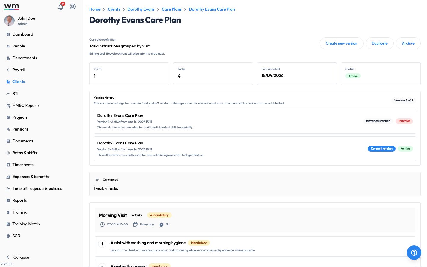 Workmax care plan detail showing visits and tasks grouped by visit, a version history with current and historical versions, and actions to create a new version, duplicate or archive the plan.
