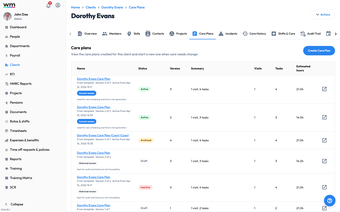 Workmax client Care Plans tab showing a table of care plans with their name, status, version, summary, number of visits and tasks, and estimated hours.