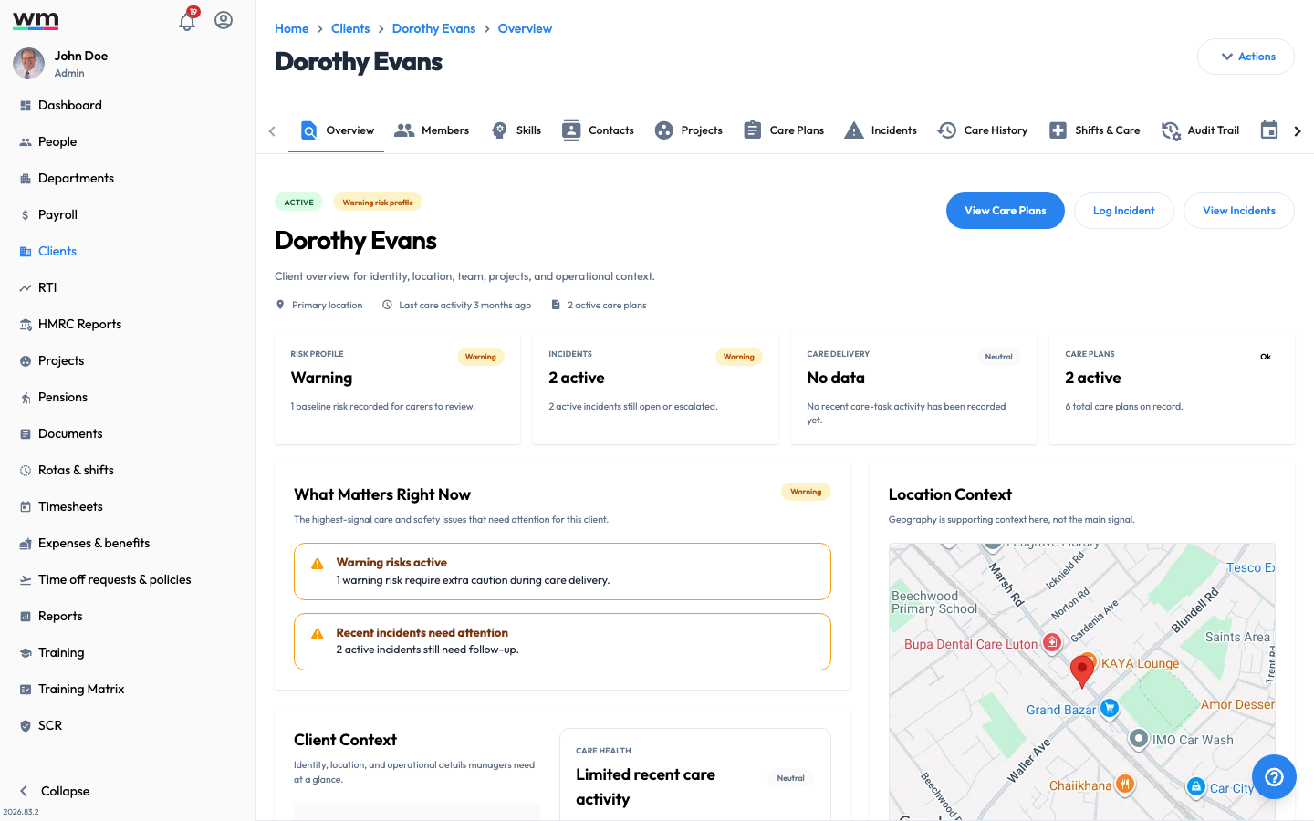 Workmax client care overview for a service user showing risk profile, active incidents, care delivery and care plan summary cards, a "What matters right now" panel and a location map.