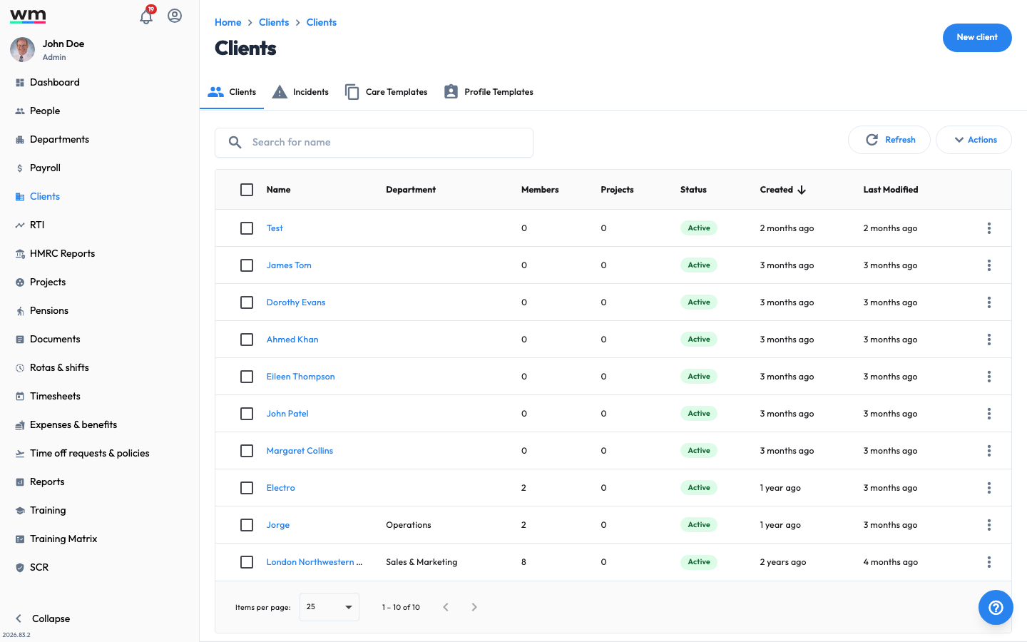 Workmax Clients screen showing a list of clients with options to add and manage them.