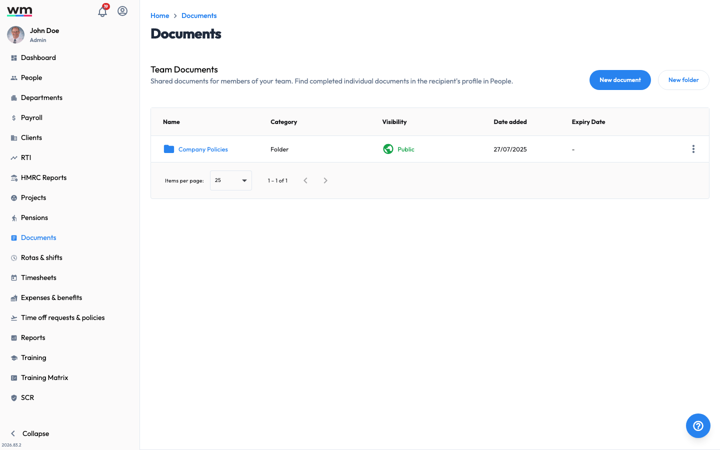 Workmax Documents screen showing team documents organised for easy access and management.