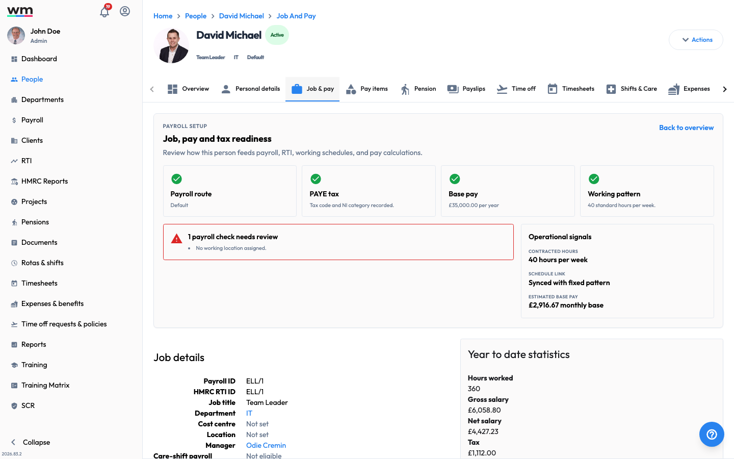 Workmax employee Job &amp; pay tab showing the employee's job title, department, working schedule and compensation details.