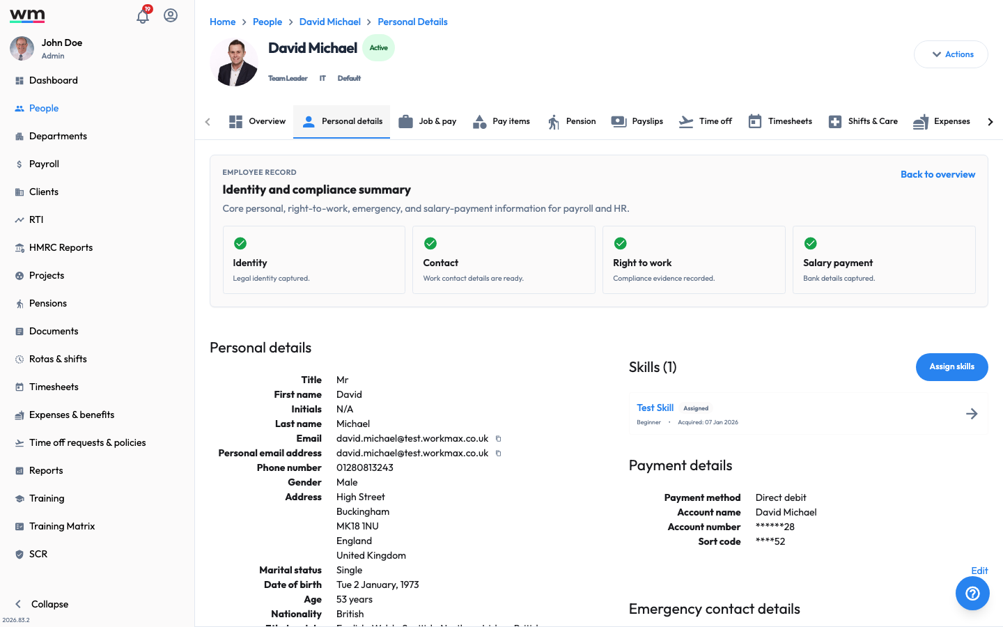 Workmax employee Personal details tab showing an identity and compliance summary, personal details, payment details and skills for the employee.
