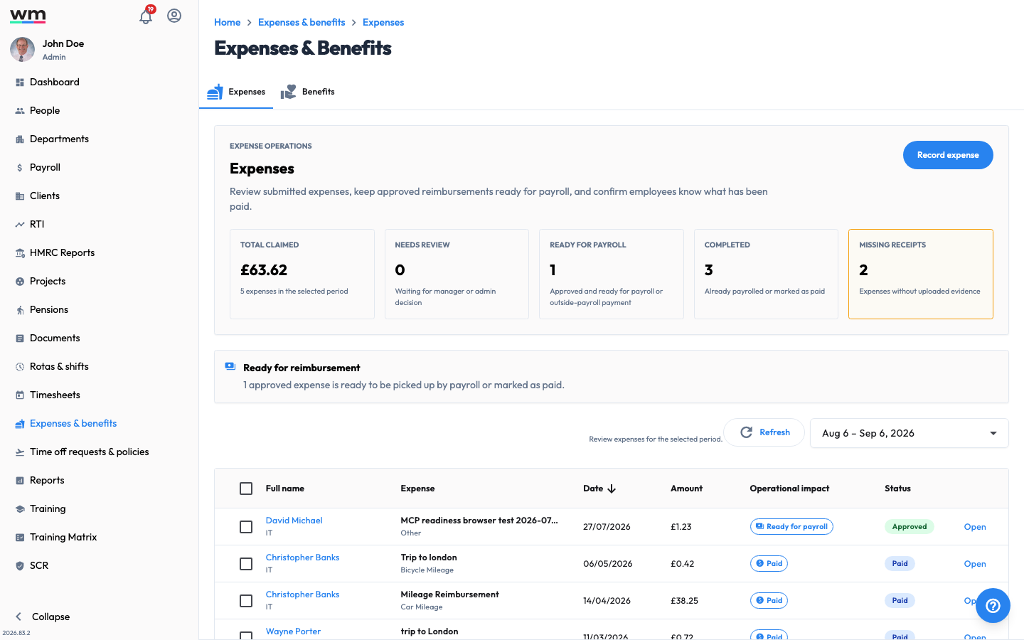 Workmax Expenses screen showing a date range filter and a list of employee expense claims with their category, amount and approval status.