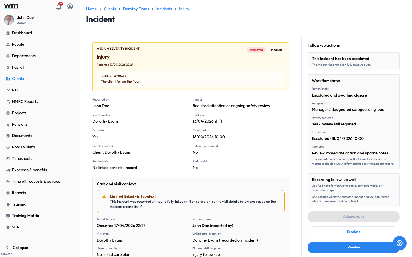 Workmax incident detail showing the incident summary, severity and status, who reported it, the linked visit and care context, the workflow status, and follow-up actions to acknowledge, escalate or resolve.