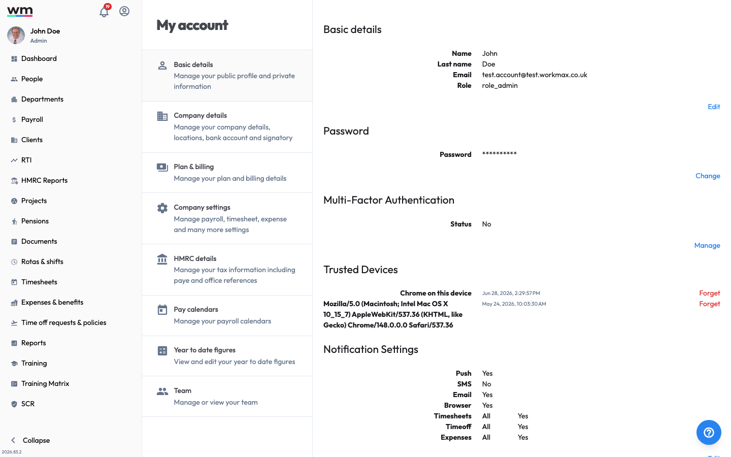 Workmax Basic details page showing name, email and role, a password change option, multi-factor authentication status, and trusted devices.