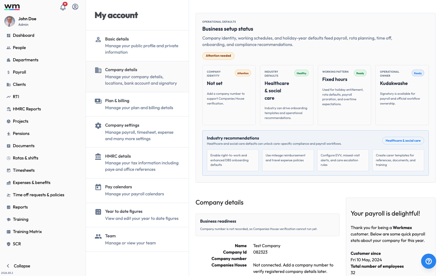 Workmax My account Company details page, where core company information, locations, bank account and signatory are managed.