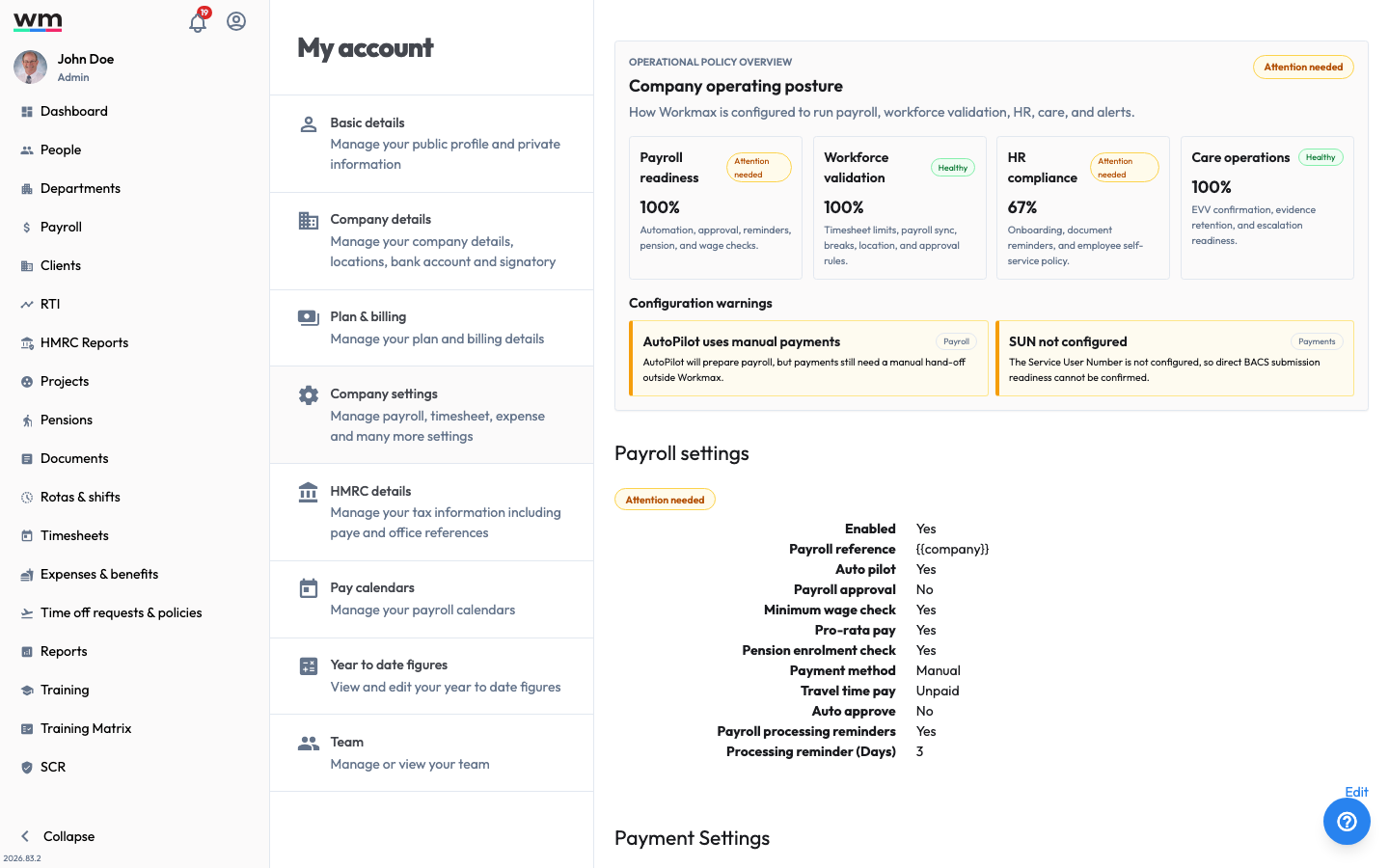 Workmax Company settings page showing a company operating posture overview with payroll readiness, workforce validation, HR compliance and care operations, followed by detailed payroll settings.