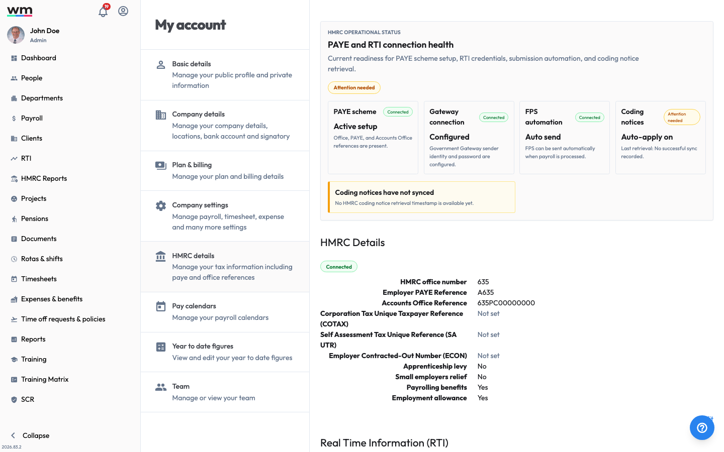 Workmax My account HMRC details page, where tax information such as PAYE and office references is managed.