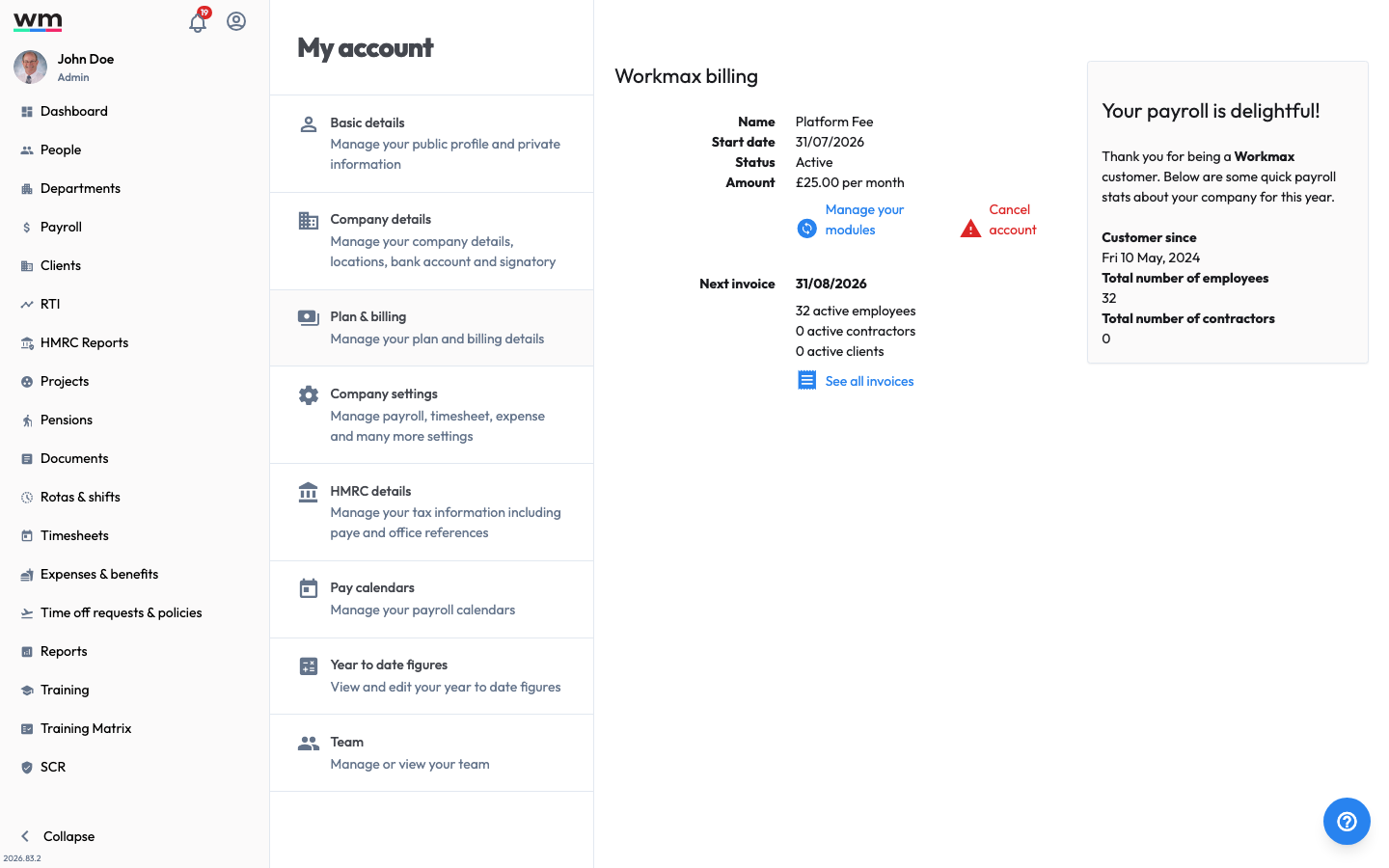 Workmax My account Plan and billing page, where you manage your subscription plan and billing details.