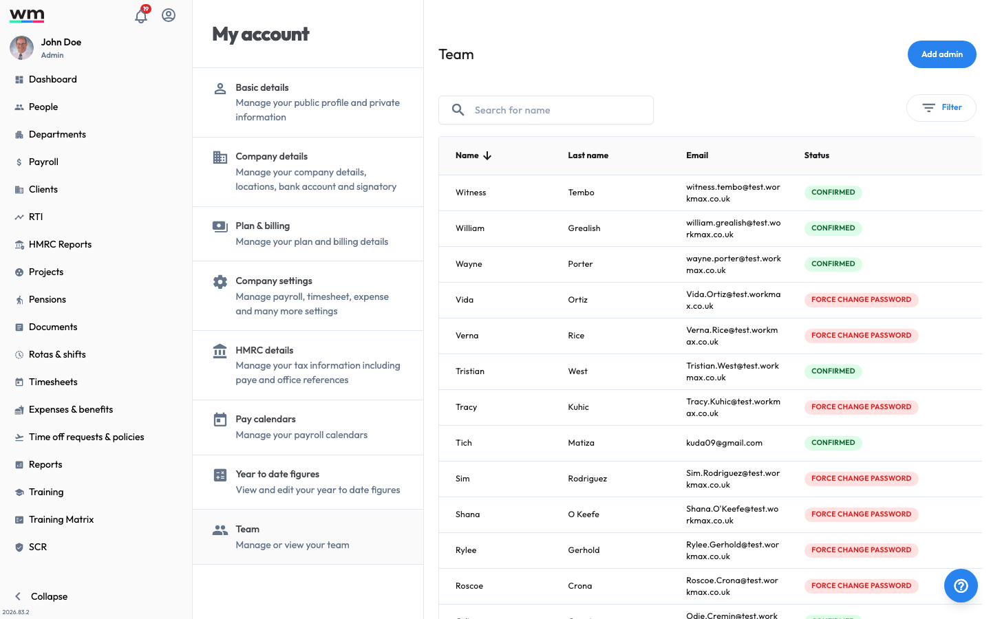 Workmax My account Team page, where administrators and their roles and permissions are managed.