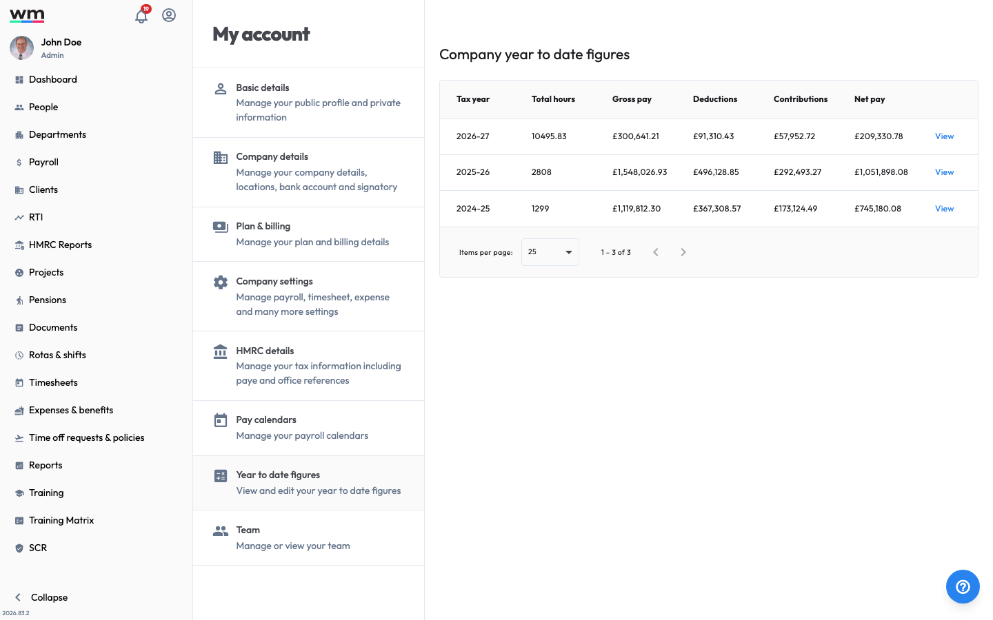 Workmax My account Year to date figures page, where company year-to-date payroll figures can be viewed and edited.