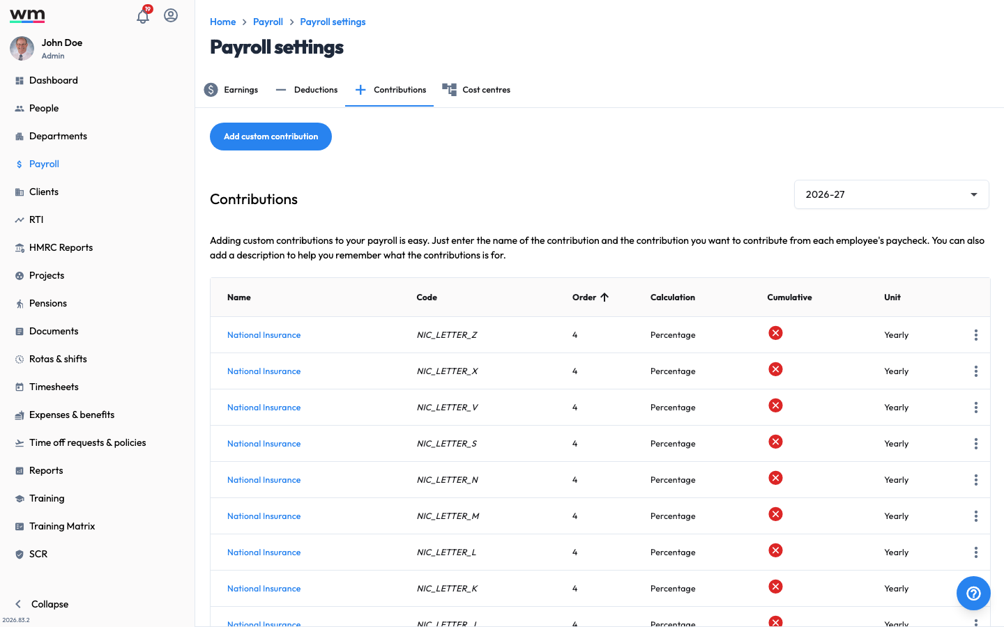 Workmax Payroll settings on the Contributions tab, showing the list of contribution types with an option to add a custom contribution.