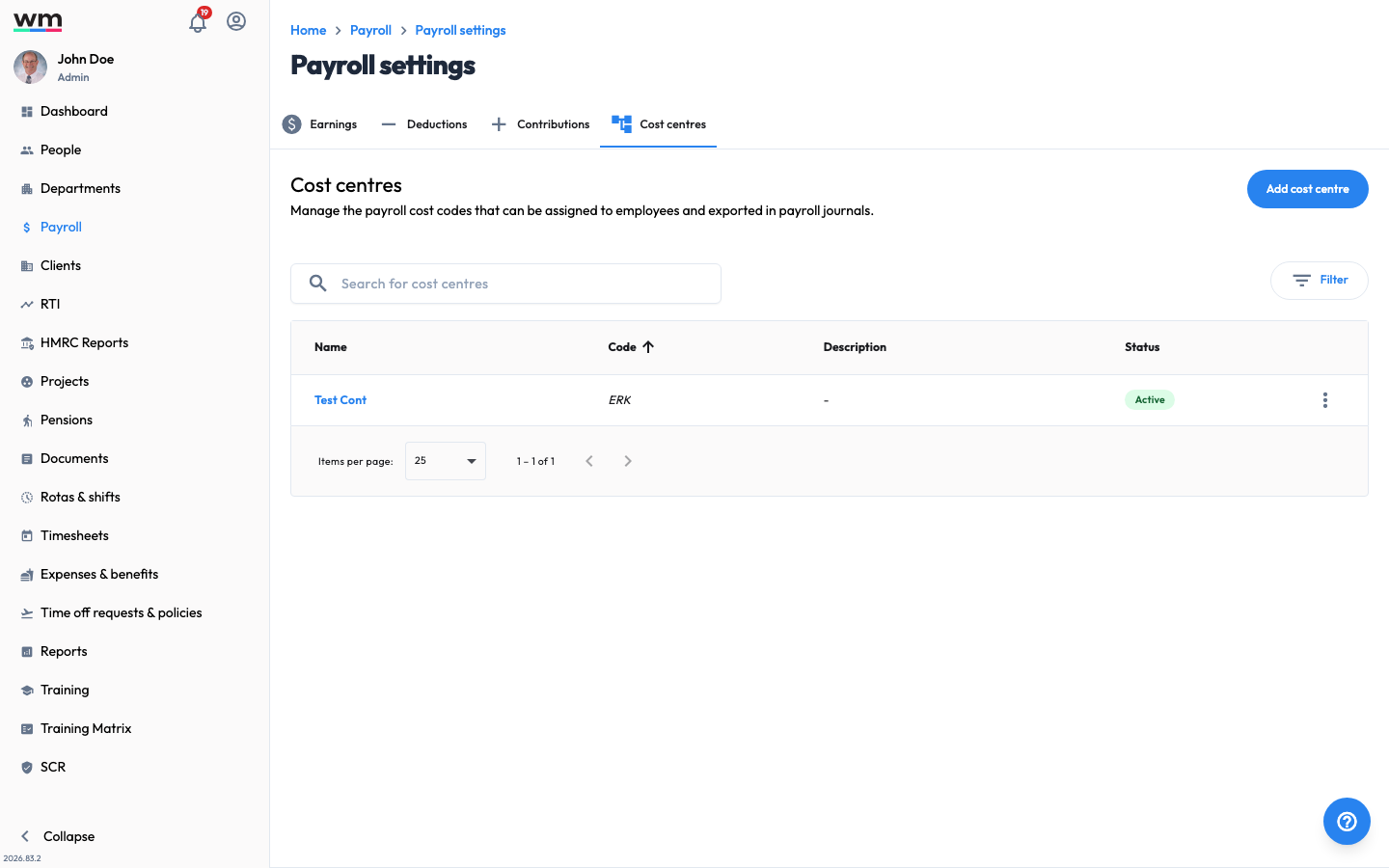 Workmax Payroll settings on the Cost centres tab, showing the list of cost centres with an option to add a new one.