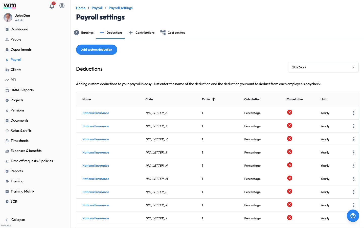 Workmax Payroll settings on the Deductions tab, showing the list of deduction types with an option to add a custom deduction.