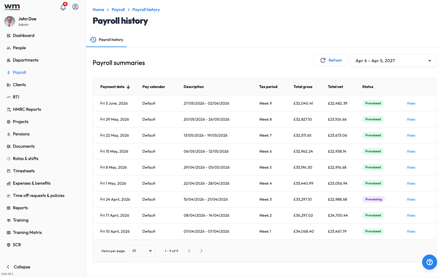Workmax Payroll History screen showing a list of past pay runs across the tax year that can be reviewed and downloaded.