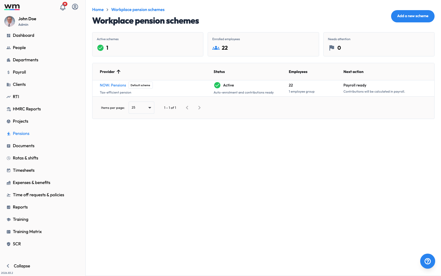 Workmax Pensions screen showing the pension scheme, provider and worker group details for the company.