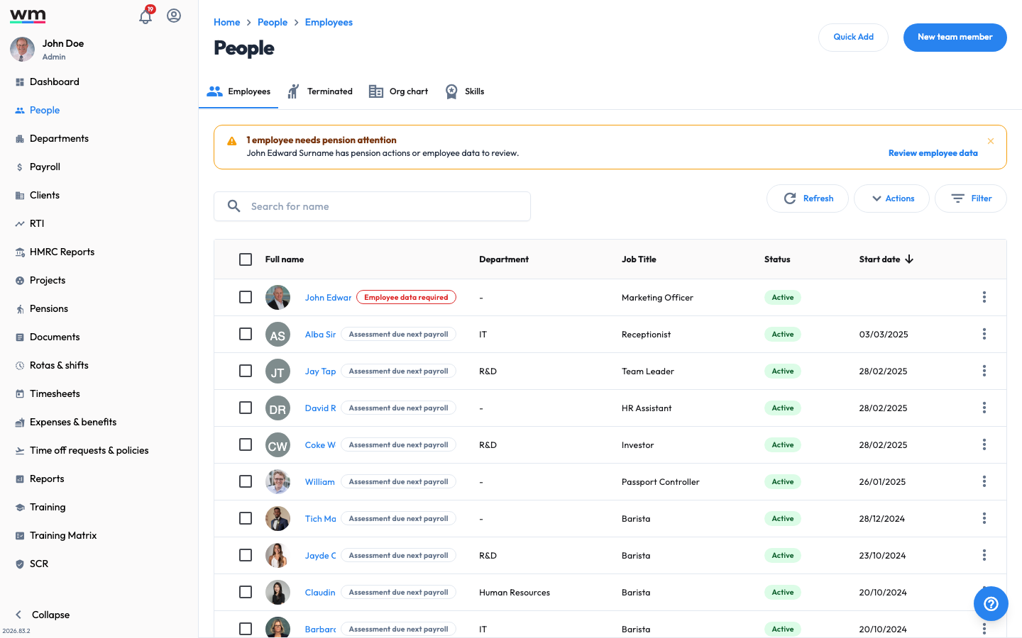 Workmax People screen showing Employees, Terminated, Org chart and Skills tabs, a search box, and a table of employees with their department, job title, status and start date.