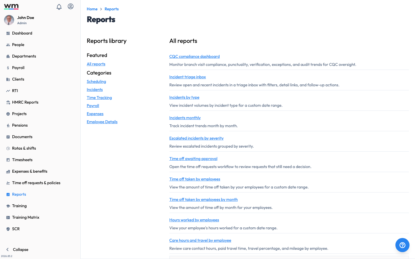 Workmax Reports screen showing a reports library with categories such as Scheduling, Incidents, Time Tracking, Payroll and Expenses, alongside a list of available reports with descriptions.