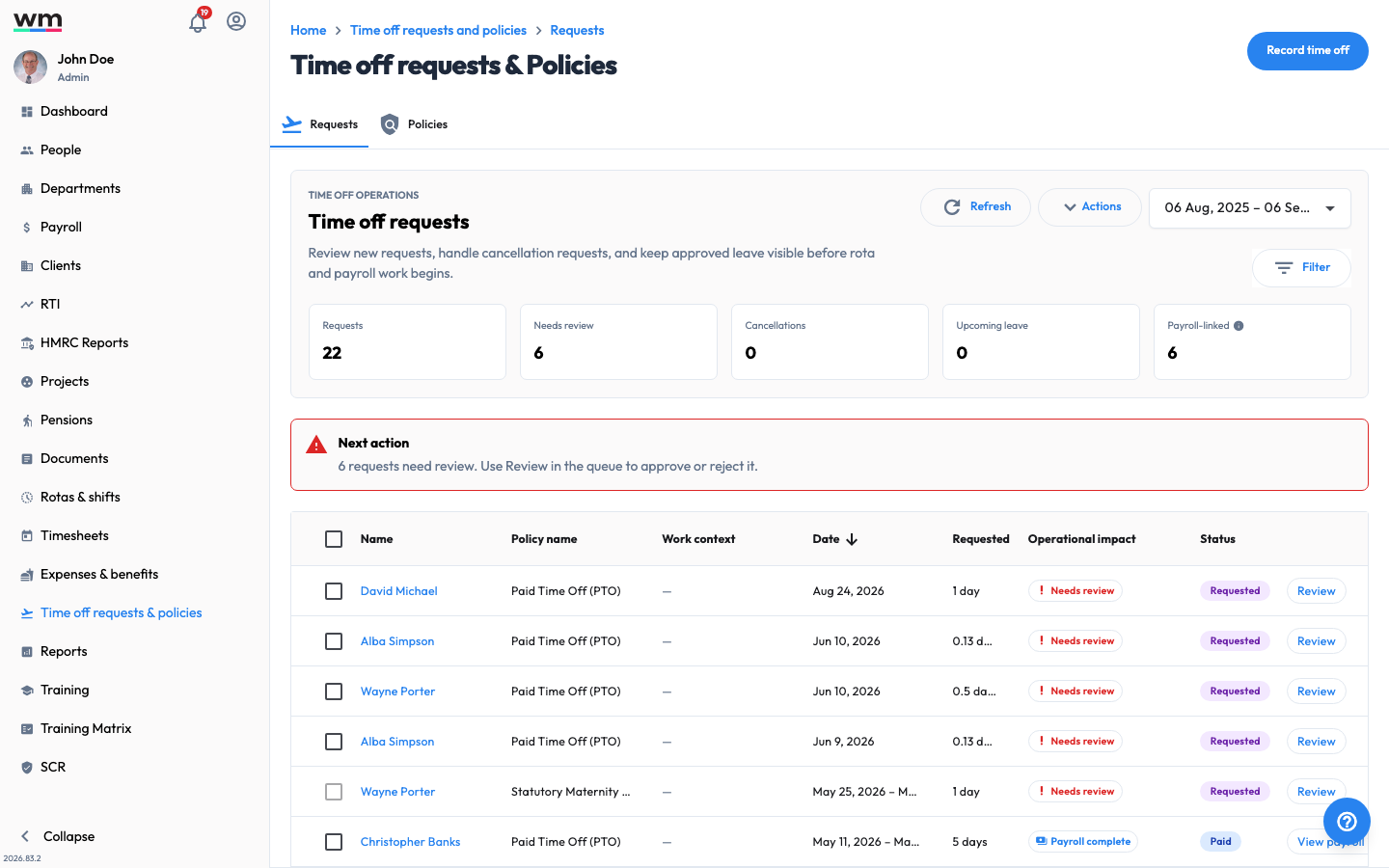 Workmax Time off requests screen showing a date range filter and a list of employee time off requests with their type, dates and approval status.