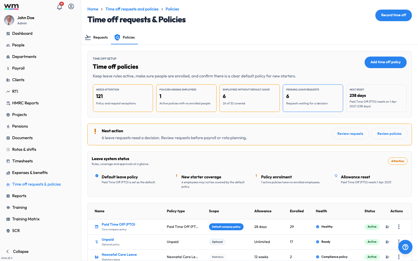 Workmax Time off Policies tab showing a leave setup summary and a table of policies with their policy type, scope, allowance, enrolled employees, health and status.