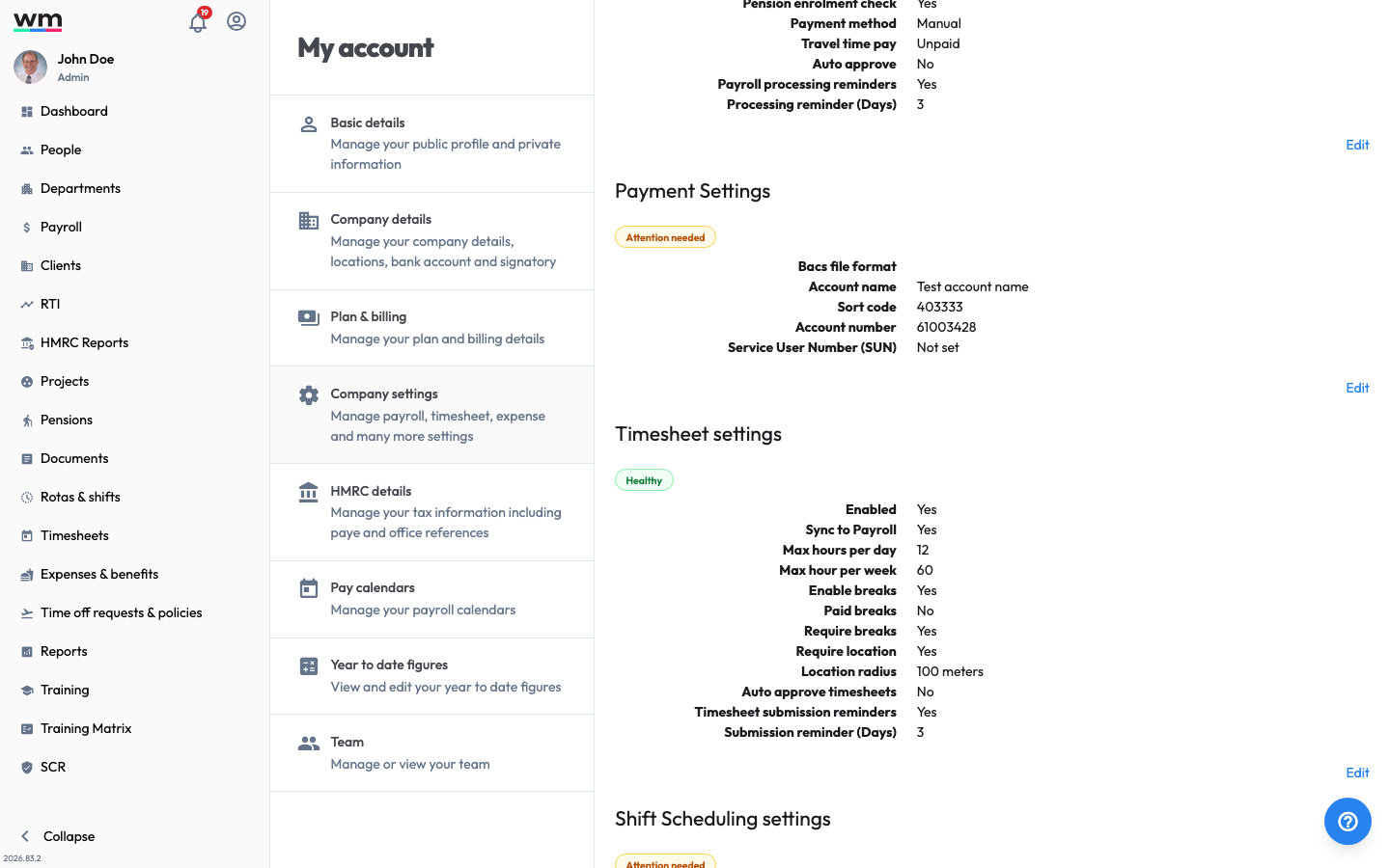 Workmax Timesheet settings showing options such as sync to payroll, maximum hours per day and week, breaks, location requirements, radius, auto-approval and submission reminders.