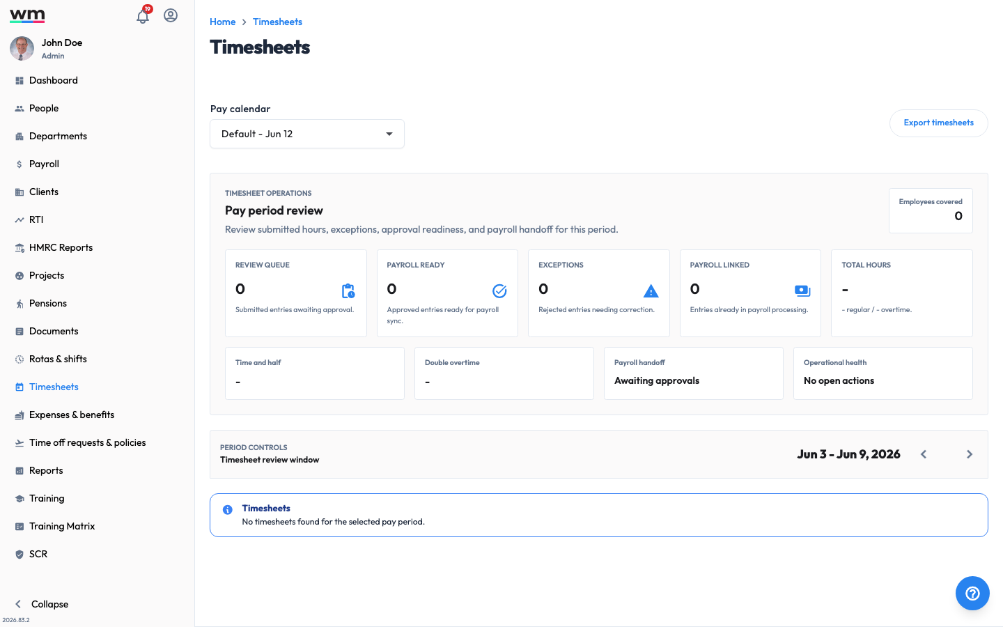 Workmax Timesheets screen showing a pay period date range, pay calendar selector, and a list of employee timesheets with hours and approval status.