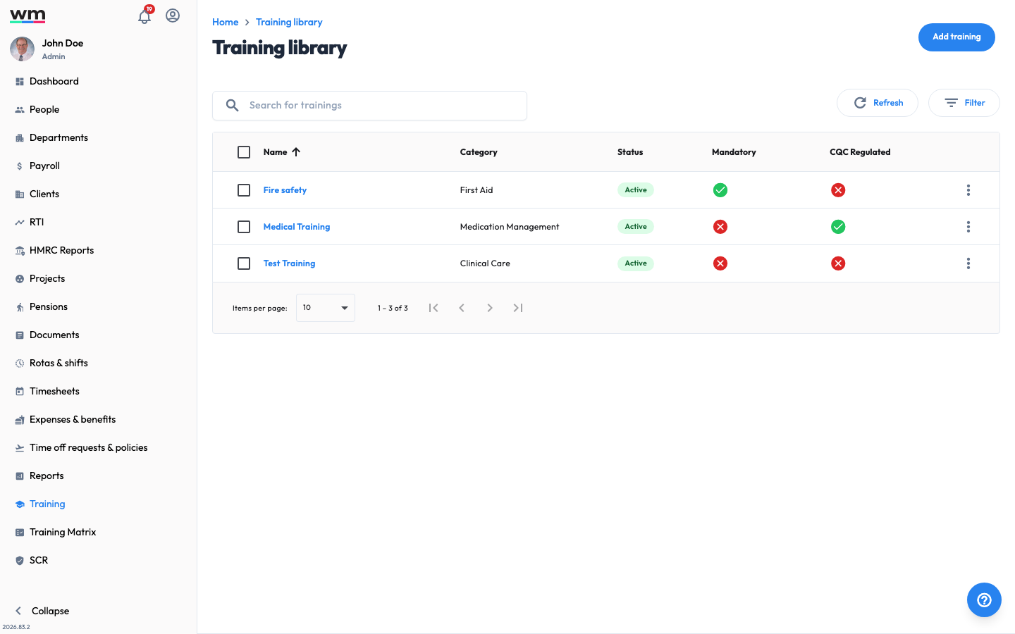 Workmax Training screen showing the courses available to the team along with assignment and completion tracking.